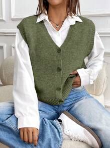 SHEIN LUNE Women's Casual Simple Solid Color Single-Breasted Knit Vest - Army Green - View 6