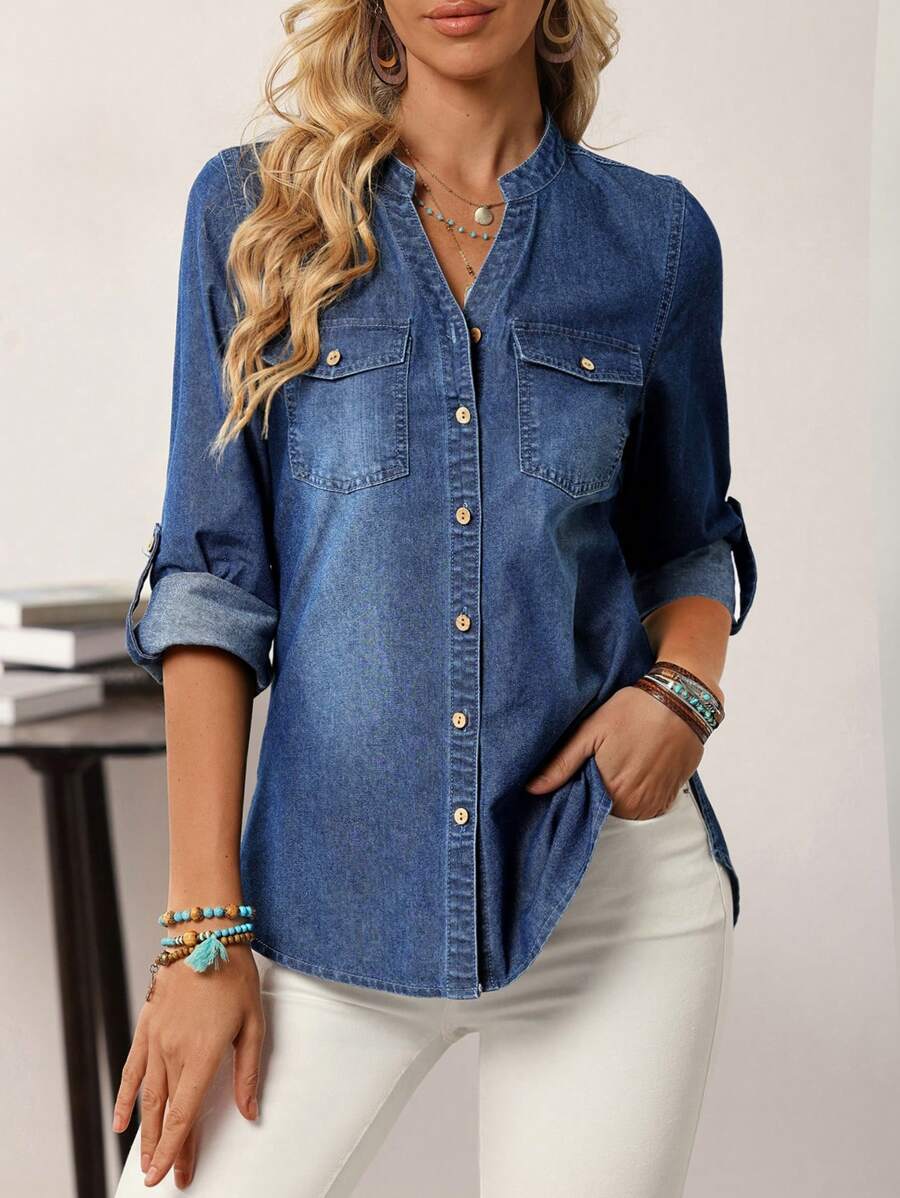 EMERY ROSE Women's Autumn V-Neck Single Breasted Cuffed Sleeve Denim Blouse