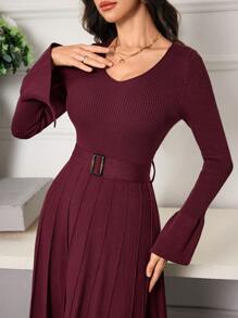 Modelyn Women's Solid Color Crew Neck Long Sleeve Casual Maxi Sweater Dress - Burgundy - View 6