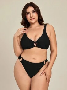 Swim Lushoire Plus Size Solid Color Ring Decor Casual Beach Swimming Suit Summer - Black - View 5