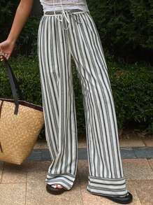 DAZY Contrast Color Stripe Loose Drawstring Elastic Waist Wide Leg Pants, Bohemian Style For Women - Navy Blue - View 4