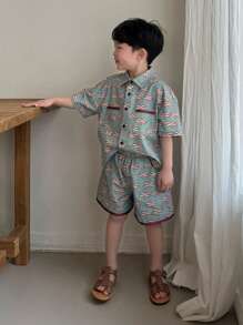 DAZY Set de 2 piezas: Camisa con botones de manga corta con estampado floral y pantalón corto para niño pequeño