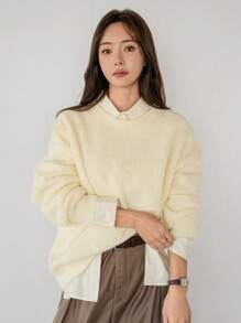 DAZY 1pc Women Loose Casual Solid Color Round Neck Long Sleeve Sweater, Autumn/Winter