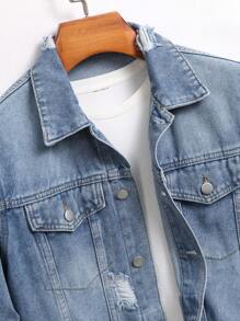 Manfinity Homme 男式前扣长袖口袋做旧休闲牛仔夹克 - 淺色水洗藍 - 查看 3