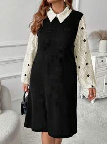 SHEIN Clasi Plus Size Women Valentine's Day Dress, Spring Clothes Contrast Color Cutout Sleeve Dot Print Collared Dress - Multicolor - View 1