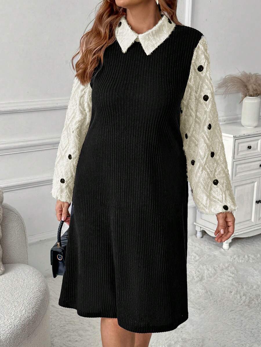 SHEIN Clasi Plus Size Women Valentine's Day Dress, Spring Clothes Contrast Color Cutout Sleeve Dot Print Collared Dress - Multicolor - View 1