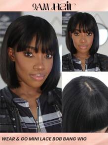 Glueless Bob Wig With Bangs Human Hair Short Straight Bob Wig With 2.5"X1" Lace Top Natural Black Bob  Wig With Very Light Yaki Texture - S1B - View 1
