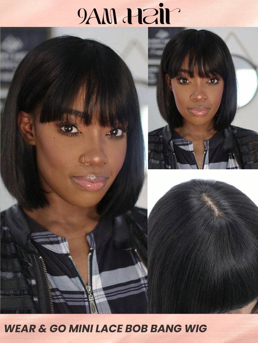 Glueless Bob Wig With Bangs Human Hair Short Straight Bob Wig With 2.5"X1" Lace Top Natural Black Bob  Wig With Very Light Yaki Texture - S1B - View 1
