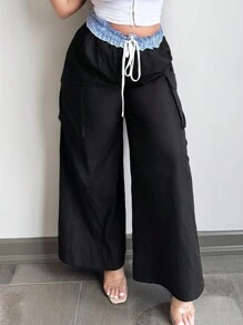 SHEIN SXY Plus Size Women's Spring/Summer Sexy Fashion Plaid Frill Patchwork Big Pocket Wide Leg Pants, Suitable For Date Night, Birthday, Bachelorette Party, Cute, Casual, Shopping, Streetwear, Going Out, Easy To Match & Looks Slim, Accentuates Your Body, Flattering Figure - Black - View 3