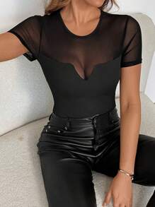 SHEIN Essnce Women's Mesh Splice Elegant Fitted Blouse, Black Short Sleeve T-Shirt