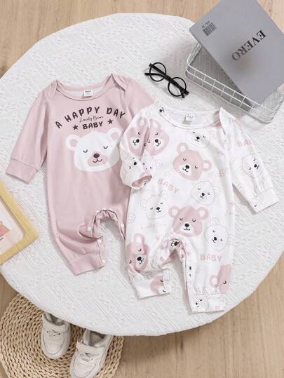 SHEIN Conjunto de 2 peças/macacão para bebês meninos com estampa de urso fofo e macacão estampado completo, adequado para bebês usarem na primavera e no outono, diariamente ou ao ar livre