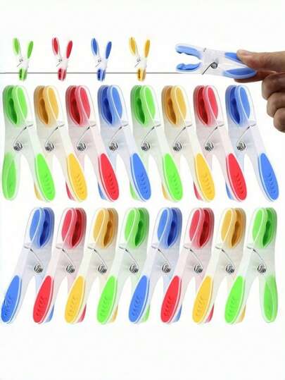 SHEIN 12/24PCS Heavy Duty Plastic Clothespins & Sock Holders | 8x3.5cm Two-Color Crescent Clips | Strong Laundry Clips, Clothes Pins, Sock Clips | Household Essentials & Organization Supplies