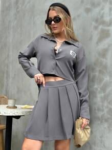 EURMUSE Urban Chic Label Detailed Crop Shirt & Pleated Skort Two-Pieces Matching Set - Grey - View 5