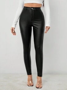 SHEIN Tall Solid High Waist PU Leather Skinny Pants