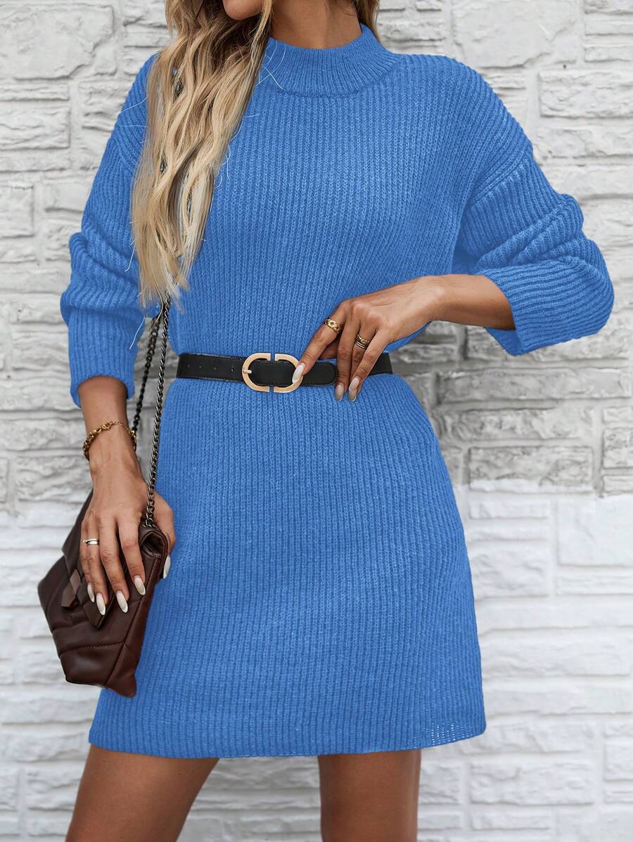 SHEIN LUNE Robe pull en tricot noir simple à col montant, style casual mode rue. Style femme, automne/hiver - Bleu azur - Voir 1