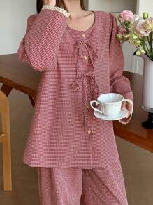 DAZY Rüschen-Saum karierter Schleifenpyjama-Set, Herbstkleidung