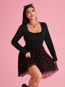 SHEIN EZwear فستان بطبقات قلب الشبك مقاس كبير، فستان رومانسي لعيد الحب من قطعتين بتصميم باتشوورك - متعدد الألوان - مشاهدة 1