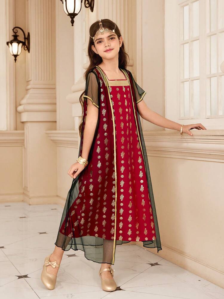 2pcs/Set Tween Girl Casual Elegant Metallic Mesh Cover-Up Dress Set