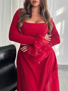 Firerie Plus Size Color Block Mesh Ruffle Sleeve Square Neck Dress - Burgundy - View 6