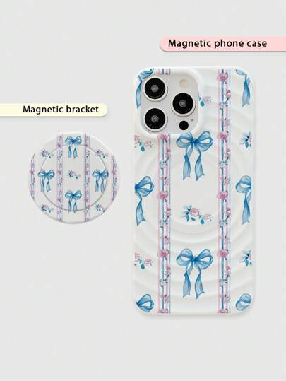 Kawaii Set da 2 pezzi Custodia magnetica ricarica senza fili MagSafe con stampa floreale e fiocco blu, con supporto magnetico abbinato a fiore e fiocco per telefono cellulare