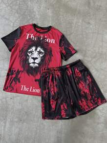 Manfinity LEGND 男士字母狮子图案圆领短袖休闲 T 恤和抽绳腰短裤套装