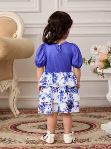 SHEIN 0-3 岁女婴幼儿优雅节日和日常穿着蓝白复古花卉泡泡袖蛋糕裙及膝连衣裙，适合户外 - 藍色 - 查看 2