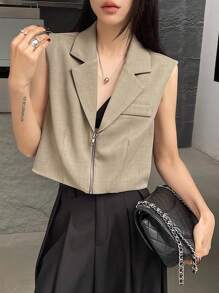 DAZY Women Zipper Sleeveless Vest Jacket, Minimalist Stylish Casual Everyday Wear Business Attire - Khaki - View 2