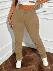 Slaydiva Plus Size Stretchy Stacked Ankle Jeans - Khaki - View 6