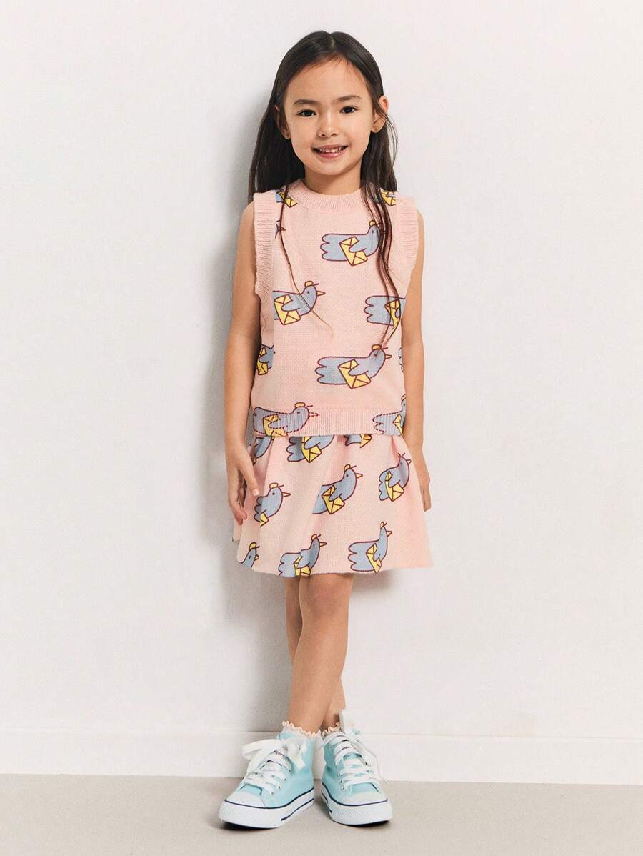 SHEIN Young Girls' Autumn/Winter Bird Print V-Neck Sleeveless Knit Vest