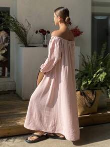 DAZY 女士度假海滩罩衫连衣裙，飘逸 A 字形直筒休闲宽松露肩中长连衣裙，秋季连衣裙长袖连衣裙 - 粉色 - 查看 5