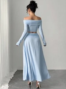 Chiquease Atmospheric Off Shoulder Top & High-Waist Pleated A-Line Skirt Set - Baby Blue - View 2