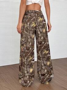 SHEIN EZwear Women's Loose Casual Wide Leg Pants With Branch Print
