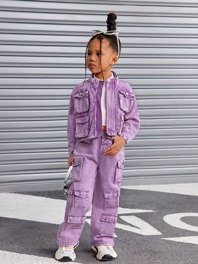 SHEIN Áo khoác denim dài tay nhiều túi cổ đứng màu hồng dễ thương Y2K cho bé gái, quần áo phong cách đường phố sành điệu, quần áo thu đông cho bé gái