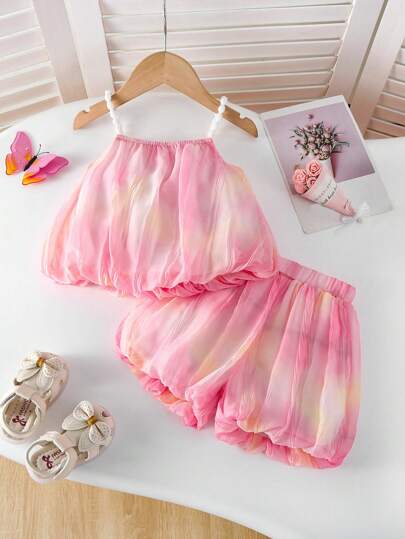 SHEIN Playful Pals Baby Girl Sweet Korean Style Outfit Set, Summer - Stylish Sling Top And Shorts, 2pcs