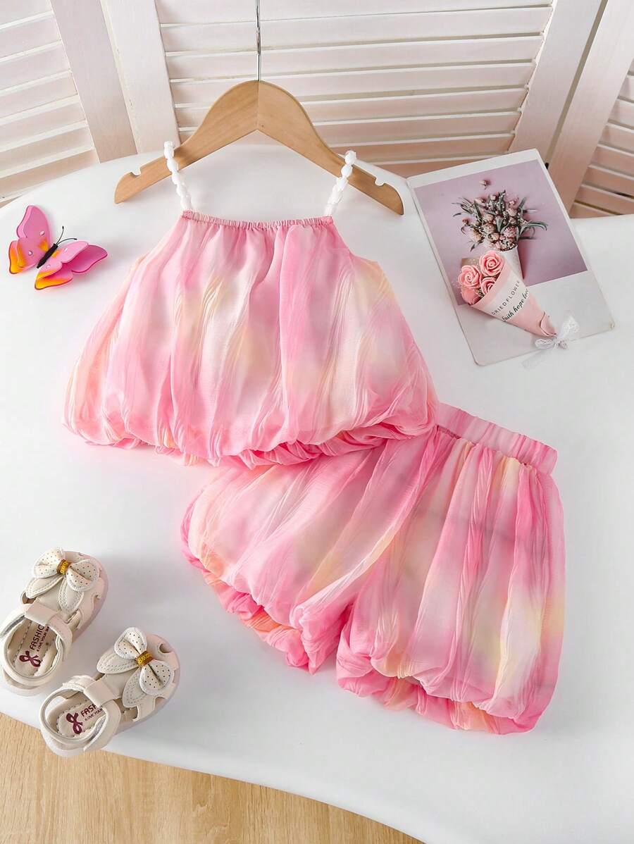 SHEIN Playful Pals Baby Girl Sweet Korean Style Outfit Set, Summer - Stylish Sling Top And Shorts, 2pcs - Pink - View 1