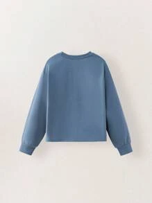 SHEIN Tween Girl 休闲字母印花运动衫，秋季 - 藍色 - 查看 2
