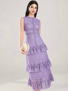Modelyn Elegant Women's Solid Color Lace Ruffle Trim Mid-Length Dress - Purple - View 1
