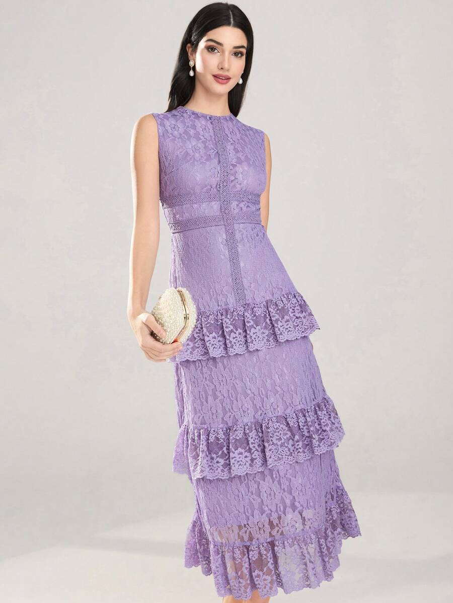 Modelyn Elegant Women's Solid Color Lace Ruffle Trim Mid-Length Dress - Purple - View 1