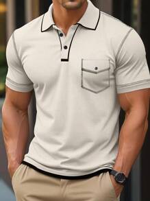 Manfinity Homme Men's Plain Short Sleeve Polo Shirt, Minimalist Fashion Casual Everyday Wear Men Clothes Men Polo Shirts Polo Shirts For Men Collar Polo T Shirt Men Polos For Men - Beige - View 1