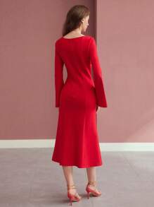 MOTF PREMIUM VESTIDO CORTE BIES CON MANGAS ACAMPANADAS - Rojo - Ver 5