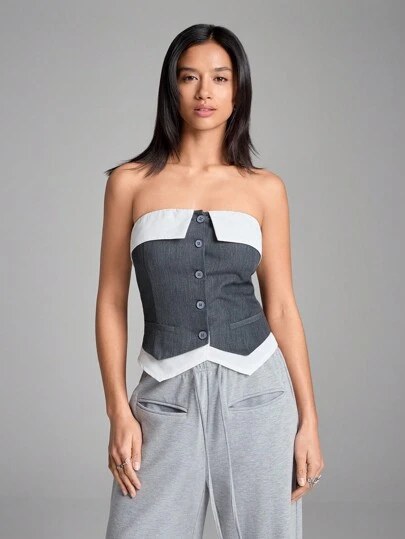 SHEIN EZwear 女士纯色拼布前扣吊带背心、休闲上衣