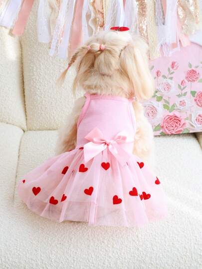 PETSIN 1pc Pet Valentine's Day Pink Knitted Patchwork Red Heart Flocked Mesh Bow Decor Cute & Sweet Dog Dress