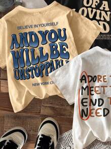 SHEIN 年轻男孩休闲简约字母图案圆领短袖T恤，适合夏季 - 彩色 - 查看 4