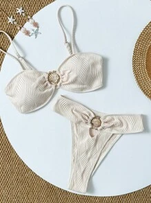 Swim Vcay Ensemble de 2 pièces de maillot de bain pour femmes, nouveau style, avec une texture en tissu apricot unicolore, des détails de sangles en métal, et une touche sexy pour l'été