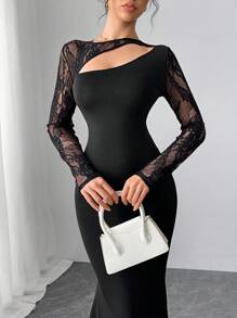 Modelyn Vestido midi elegante de manga larga con contraste de encaje calado y bajo de cola de pez para mujer