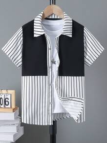 Boys' Casual Gradient Printed Patchwork Shirt - Black - View 2