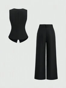 Sweetra 黑色单排扣背心、褶饰阔腿裤套装 - 黑色 - 查看 2