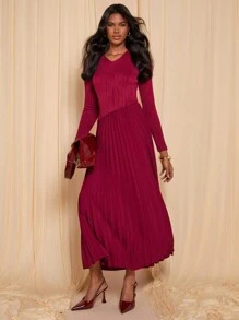 COSMINA 栗色女士提花不对称长款针织连衣裙 - 酒紅色 - 查看 7