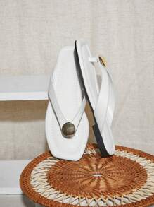 SHUZIA Women Slip-On Gold Decor Open Toe Everyday Minimalist Basic Pu White Sandals Vacation Shoes Casual Shoes Beach Shoes - White - View 3