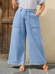 SHEIN LUNE 大码休闲牛仔裤，简约时尚，适合日常穿着 - 淺色水洗藍 - 查看 1